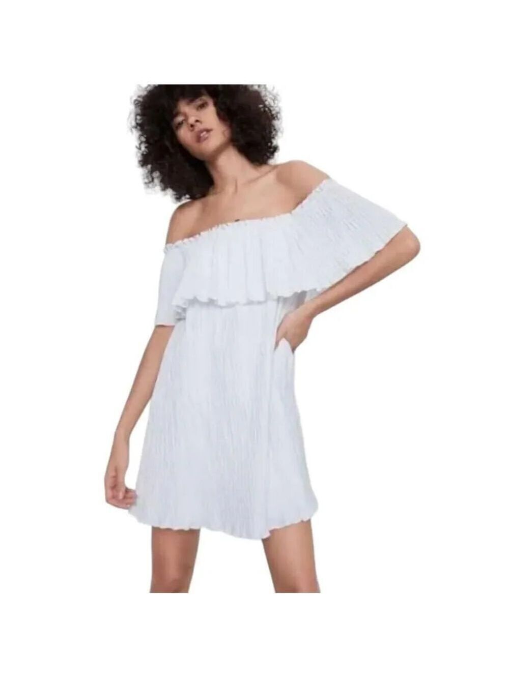 Zara White Off Shoulder Ruffle Pleated Dress Size XL